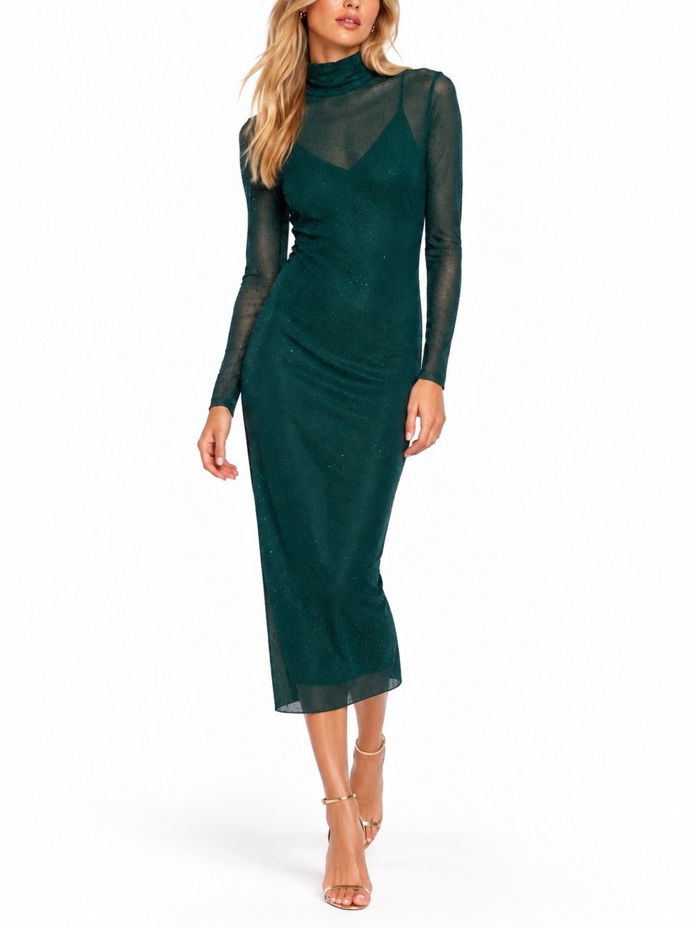 AFRM Marni Rhinestone Long Sleeve Mesh Midi Dress S Evergreen Holiday Party Glam